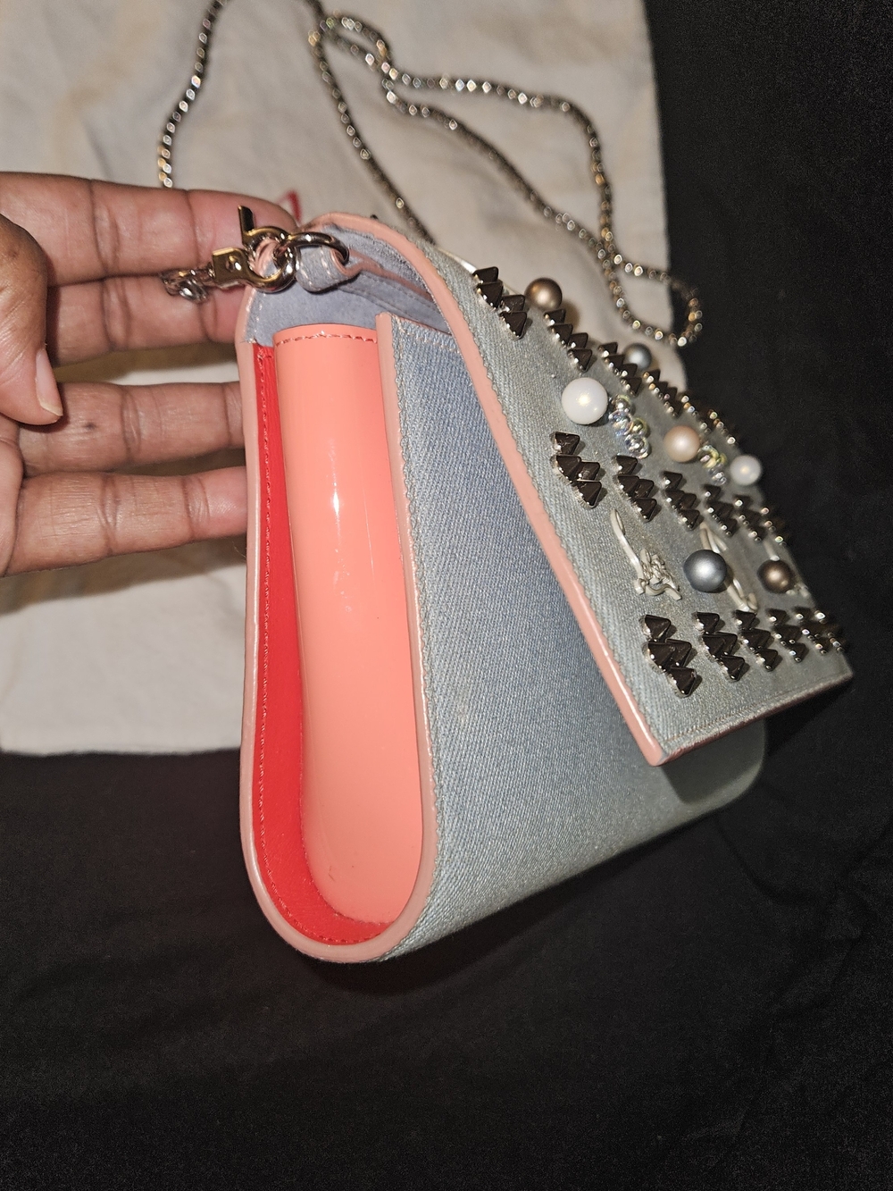 CHRISTIAN LOUBOUTIN Paloma The Sky Blue Denim Embellished Clutch Bag Crossbody - Picture 6 of 12